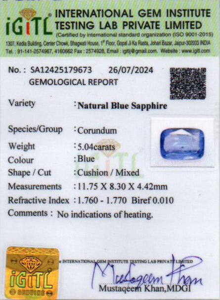 Blue Sapphire (Neelam) Gemstone - 5.04 Carats