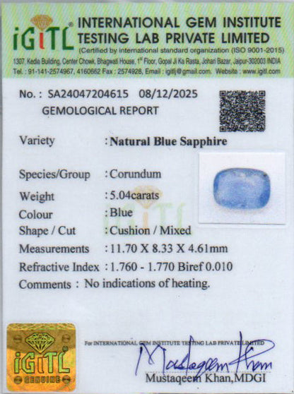 Blue Sapphire (Neelam) Gemstone - 5.04 Carats