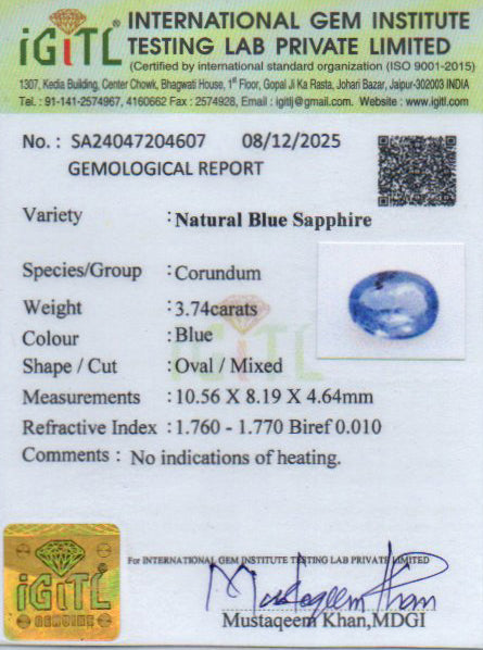 Blue Sapphire (Neelam) Gemstone - 3.74 Carats