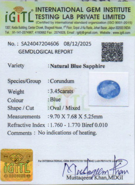 Blue Sapphire (Neelam) Gemstone - 3.45 Carats