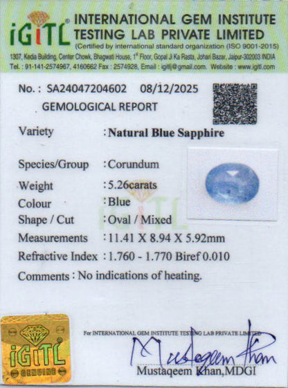 Blue Sapphire (Neelam) Gemstone - 5.26 Carats