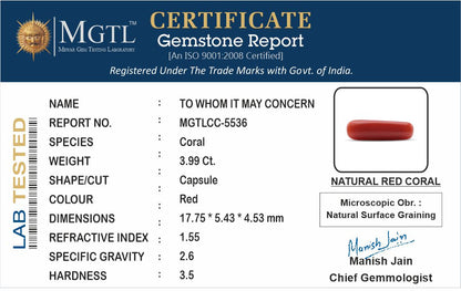Red Coral (Moonga) Gemstone - 3.99 Carats