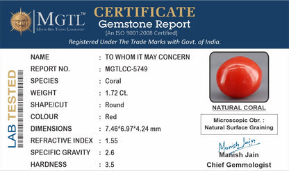 Red Coral (Moonga) Gemstone - 1.72 Carats