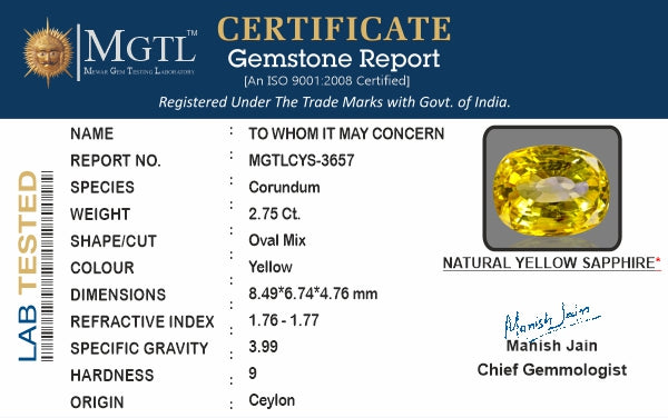 Yellow Sapphire (Pukhraj) Gemstone - 2.75 Carats