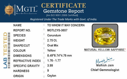 Yellow Sapphire (Pukhraj) Gemstone - 2.75 Carats