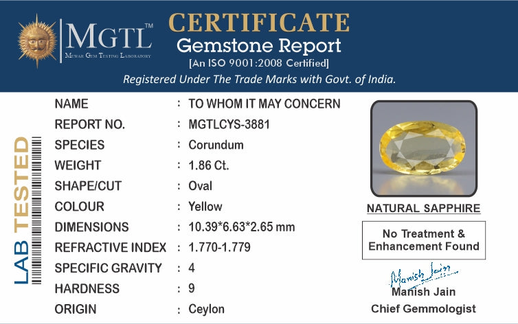 Yellow Sapphire - 1.86 Carats (Pukhraj - 2.03 Ratti)