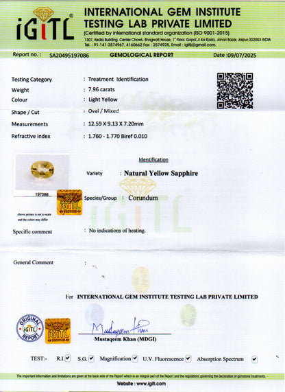 Yellow Sapphire (Pukhraj) Gemstone - 7.96 Carats