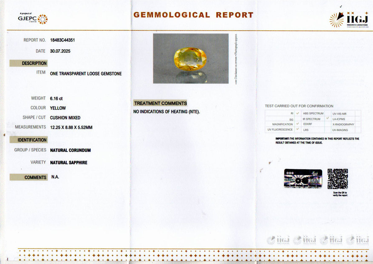 Yellow Sapphire (Pukhraj) Gemstone - 6.16 Carats