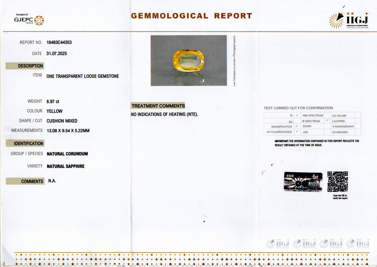 Yellow Sapphire (Pukhraj) Gemstone - 6.97 Carats