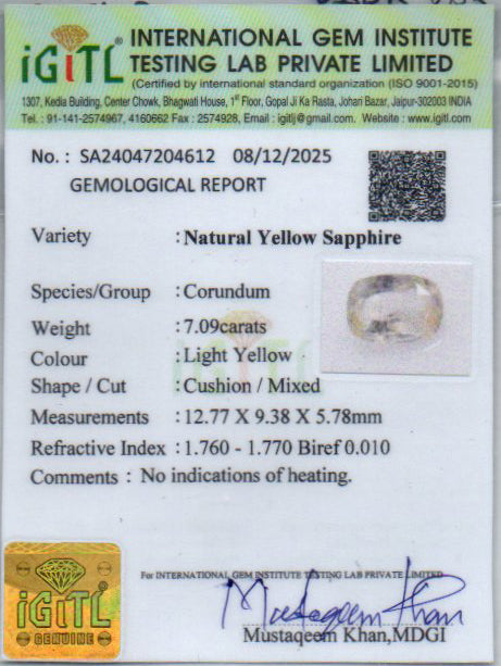 Yellow Sapphire (Pukhraj) Gemstone - 7.09 Carats