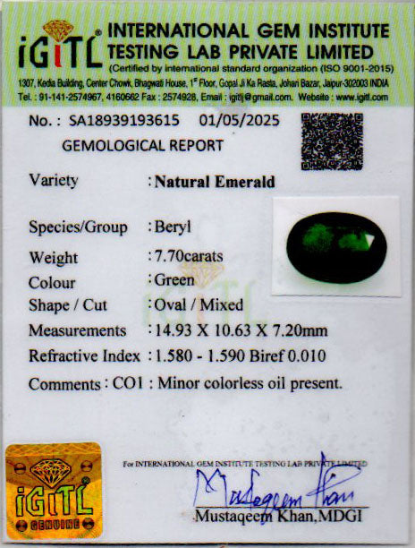 Emerald (Panna) Gemstone - 7.70 Carats