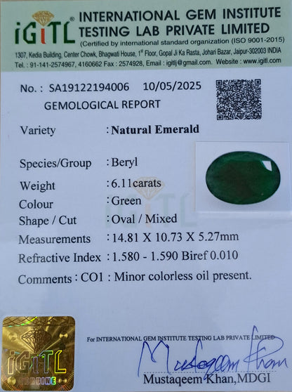 Emerald (Panna) Gemstone - 6.11 Carats