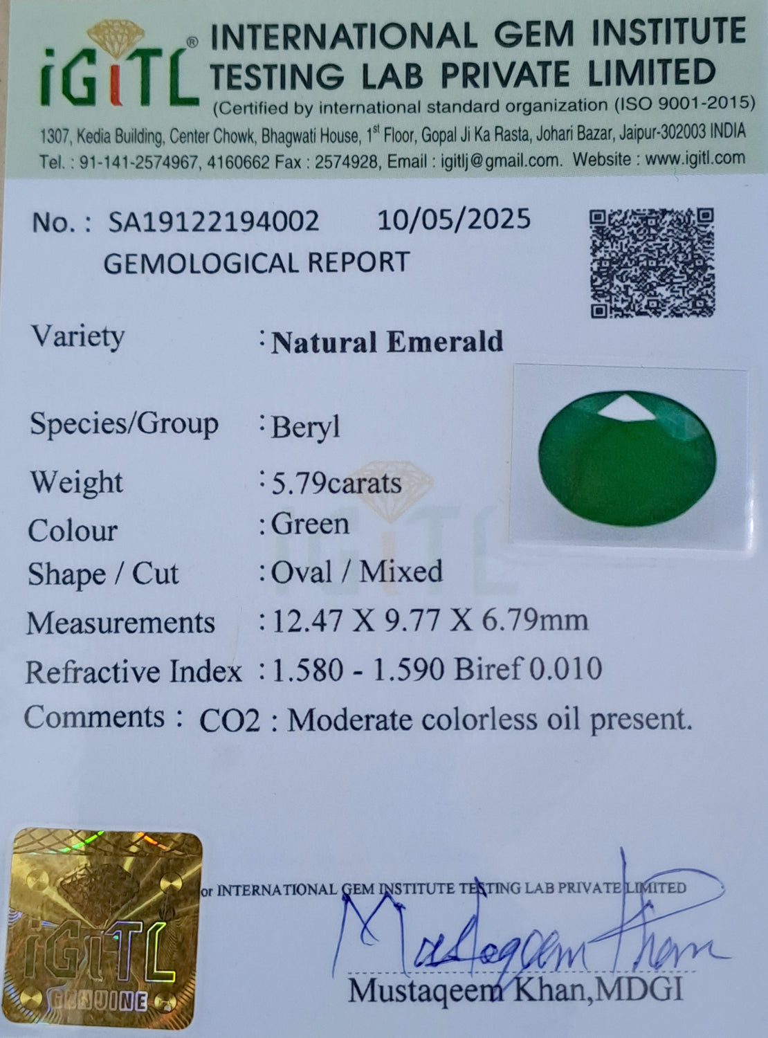 Emerald (Panna) Gemstone - 5.79 Carats
