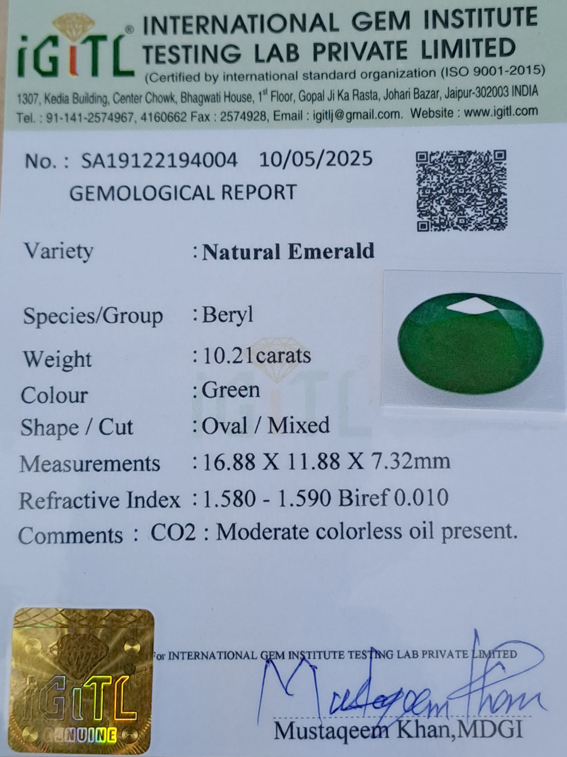 Emerald (Panna) Gemstone - 10.21 Carats