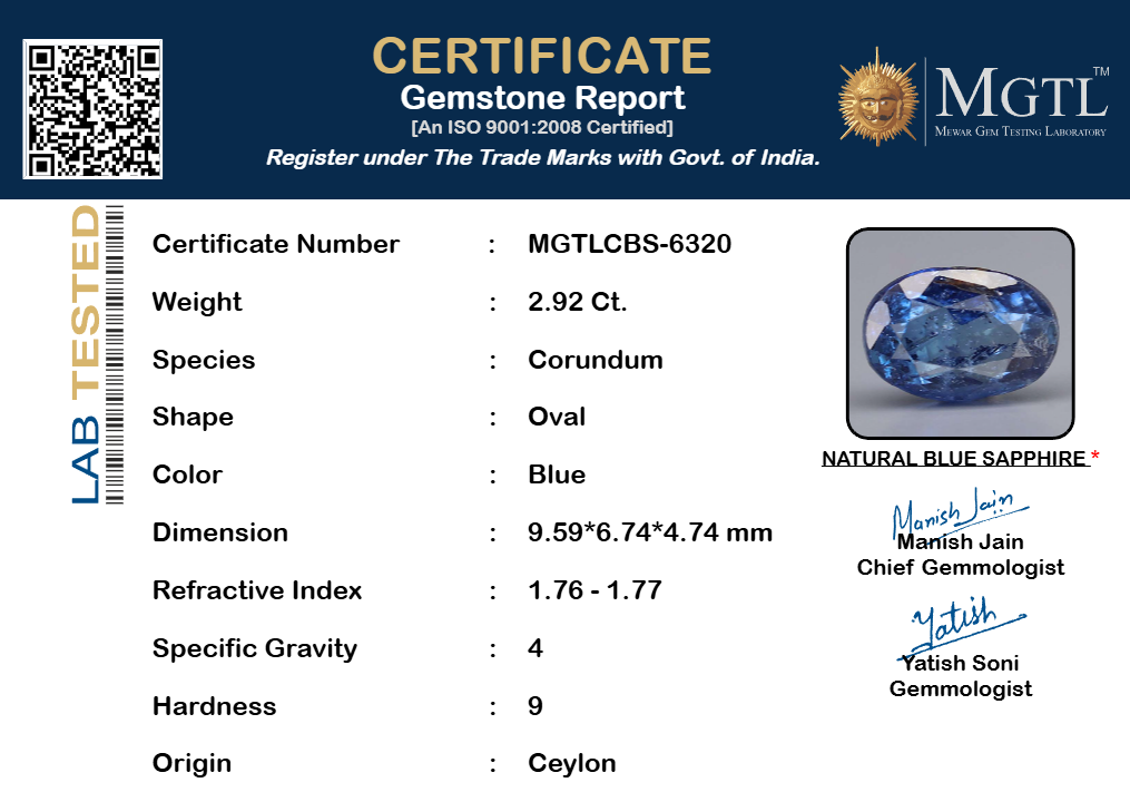 Blue Sapphire (Neelam) Gemstone - 2.92 Carats