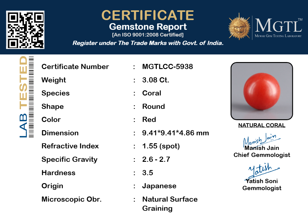 Red Coral (Moonga) Gemstone - 3.08 Carats
