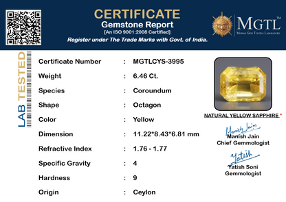 Yellow Sapphire (Pukhraj) Gemstone - 6.46 Carats