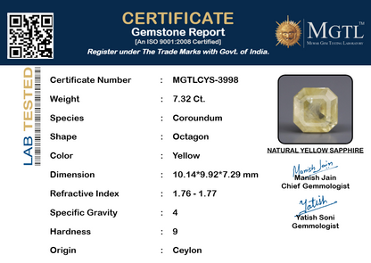 Yellow Sapphire (Pukhraj) Gemstone - 7.32 Carats