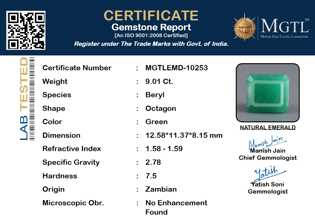 Emerald (Panna) Gemstone - 9.01 Carats