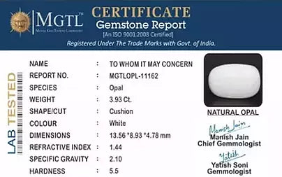 White Opal - 3.93 Carats (Dudhiya Pathar - 4.28 Ratti)
