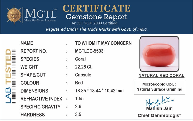 Red Coral - 22.28 Carats (Moonga - 24.29 Ratti)
