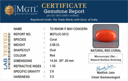 Red Coral - 3.68 Carats (Moonga - 4.01 Ratti)