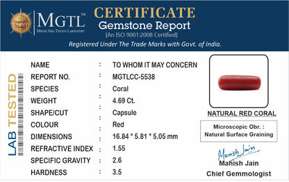 Red Coral - 4.69 Carats (Moonga - 5.11 Ratti)