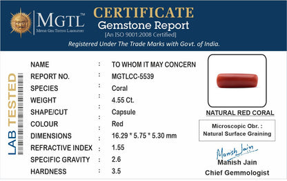Red Coral - 4.55 Carats (Moonga - 4.96 Ratti)