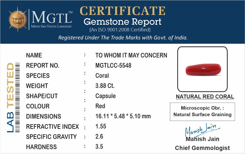 Red Coral - 3.88 Carats (Moonga - 4.23 Ratti)