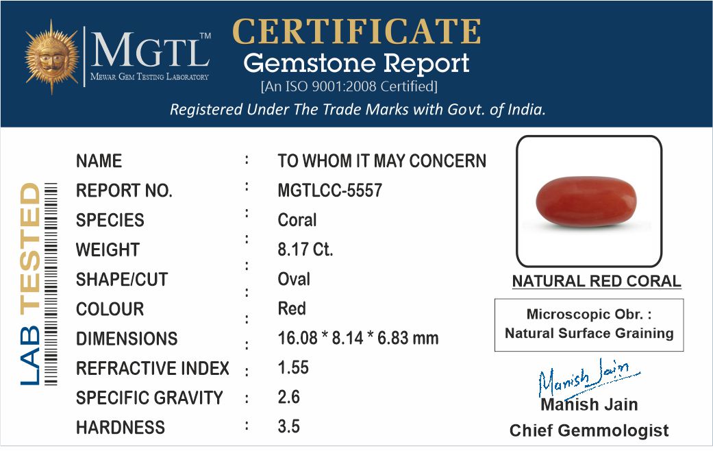 Red Coral - 8.17 Carats (Moonga - 8.91 Ratti)