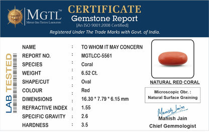 Red Coral - 6.52 Carats (Moonga - 7.11 Ratti)