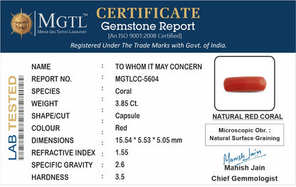 Red Coral - 3.85 Carats (Moonga - 4.20 Ratti)