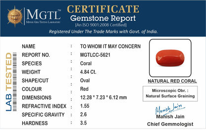 Red Coral - 4.84 Carats (Moonga - 5.28 Ratti)