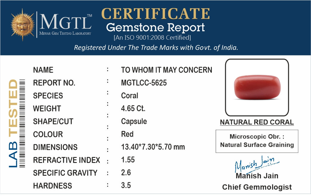Red Coral - 4.65 Carats (Moonga - 5.07 Ratti)