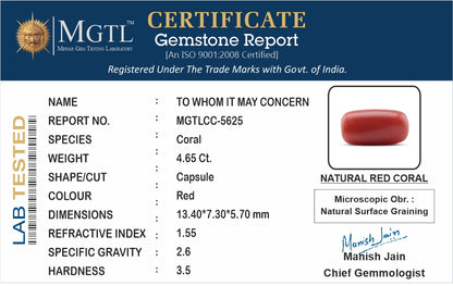 Red Coral - 4.65 Carats (Moonga - 5.07 Ratti)