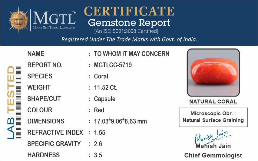 Red Coral - 11.52 Carats (Moonga - 12.56 Ratti)