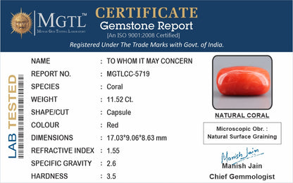 Red Coral - 11.52 Carats (Moonga - 12.56 Ratti)