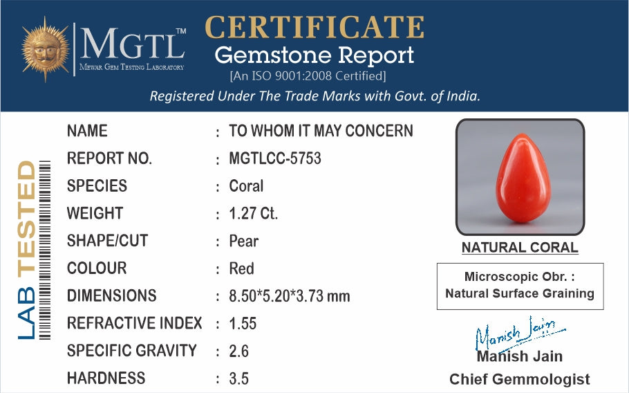 Red Coral - 1.27 Carats (Moonga - 1.38 Ratti)