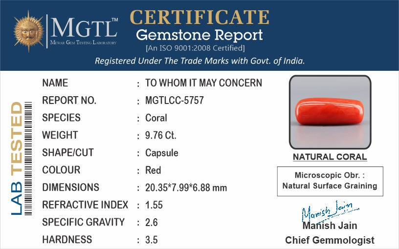 Red Coral - 9.76 Carats (Moonga - 10.64 Ratti)