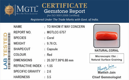 Red Coral - 9.76 Carats (Moonga - 10.64 Ratti)