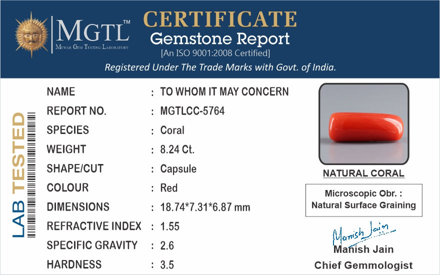 Red Coral - 8.24 Carats (Moonga - 8.98 Ratti)
