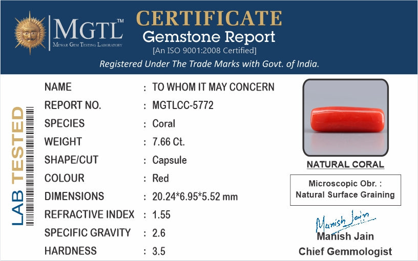 Red Coral - 7.66 Carats (Moonga - 8.35 Ratti)