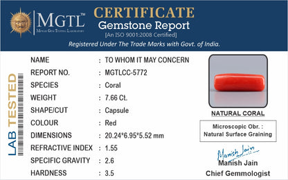 Red Coral - 7.66 Carats (Moonga - 8.35 Ratti)