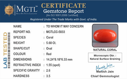 Red Coral - 5.68 Carats (Moonga - 6.19 Ratti)