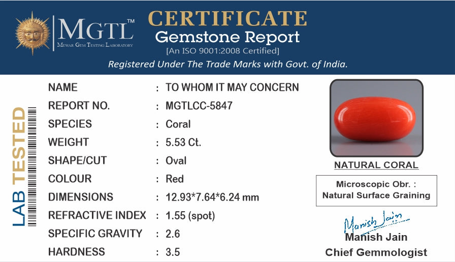Red Coral - 5.53 Carats (Moonga - 6.03 Ratti)