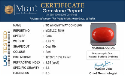 Red Coral - 5.45 Carats (Moonga - 5.94 Ratti)