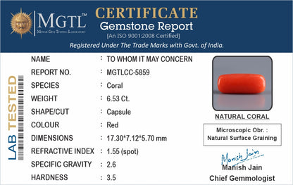 Red Coral - 6.53 Carats (Moonga - 7.12 Ratti)