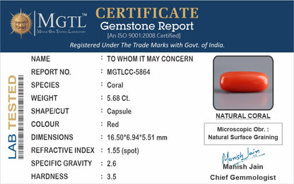 Red Coral - 5.68 Carats (Moonga - 6.19 Ratti)