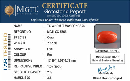 Red Coral - 7.02 Carats (Moonga - 7.65 Ratti)