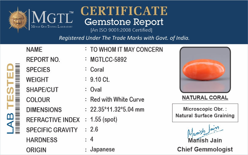 Red Coral - 9.10 Carats (Moonga - 9.92 Ratti)